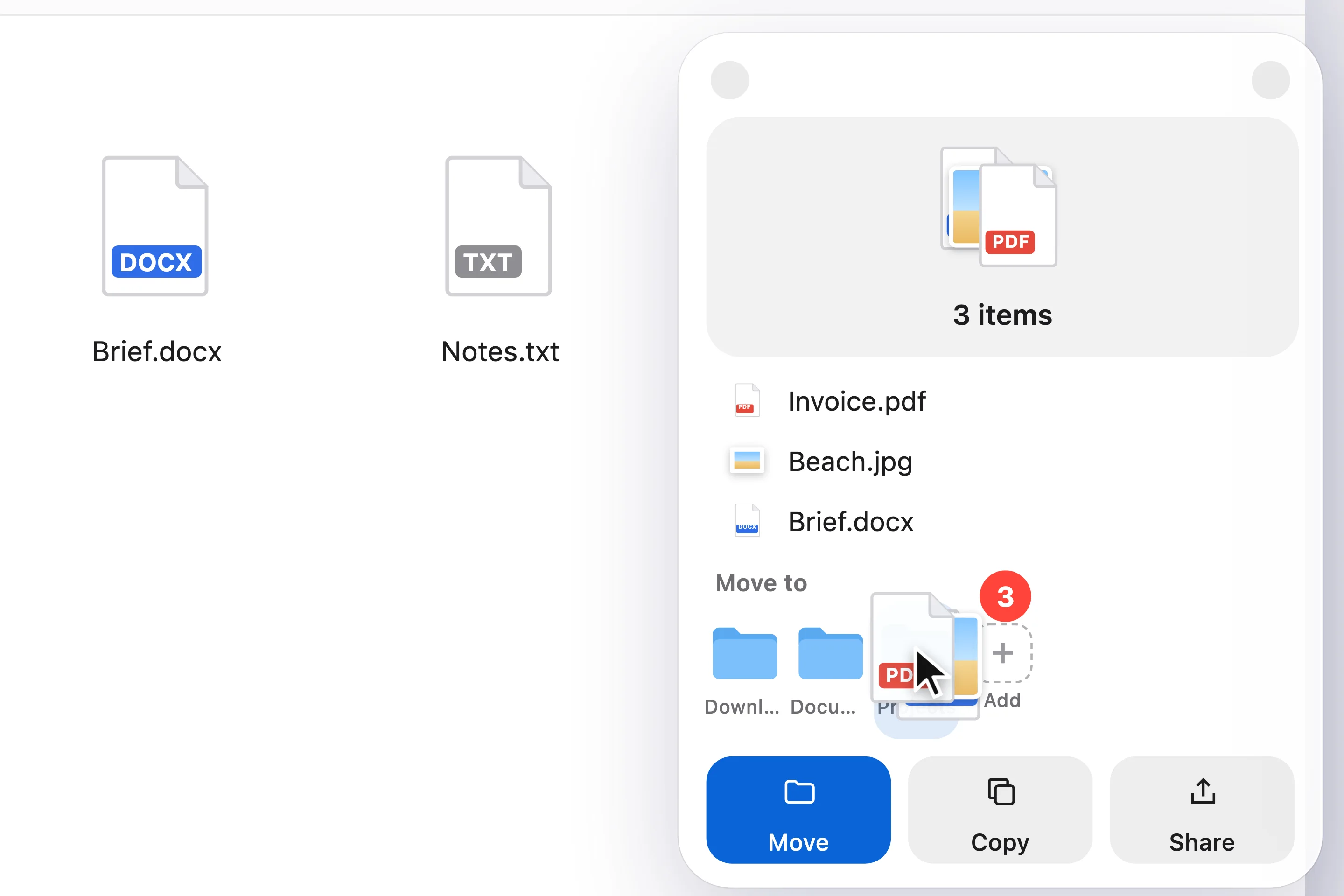 The DropToMove shelf with three files being dragged onto the Projects folder