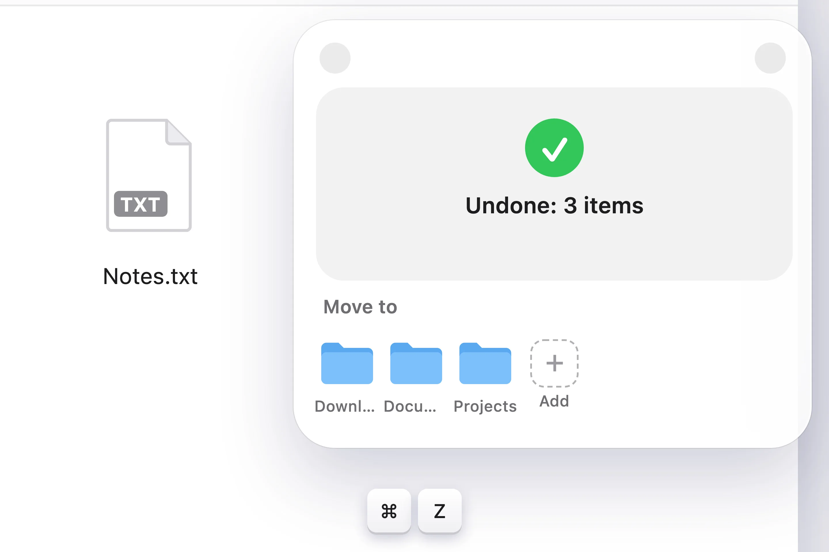 The DropToMove shelf confirming an undo while the files reappear in Finder